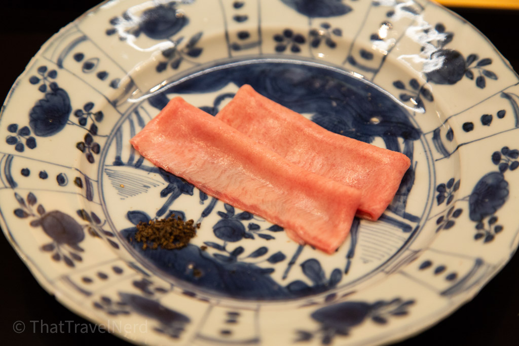 Beef tongue sashimi, kombujime